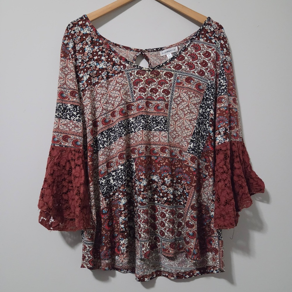Roommates Womens 2X Boho Patchwork Floral Bell Sleeve Lace Blouse T9878PMX